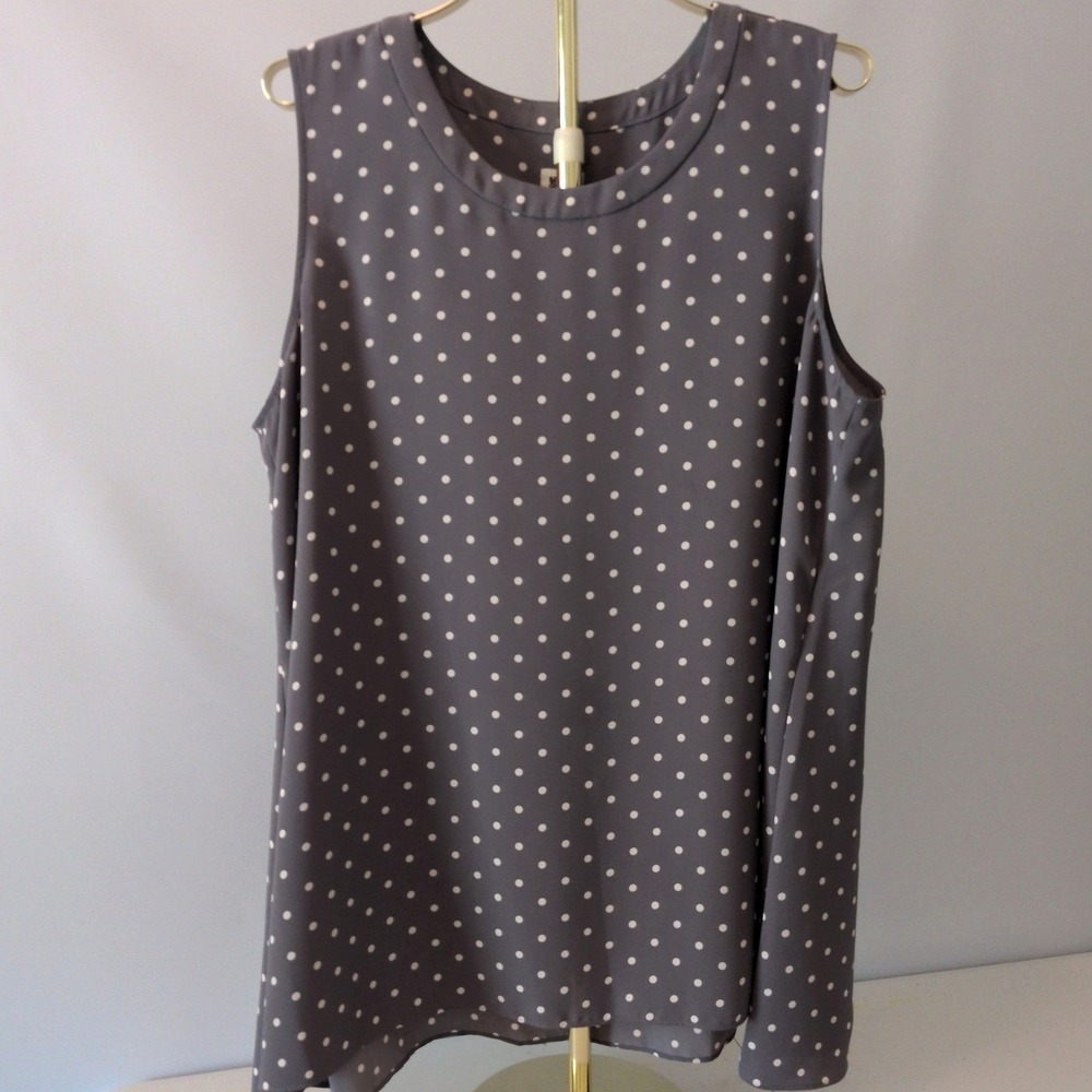 Anne Klein Polka Dot Shell Women XL Grey Sleeveless High-Low Blouse Career Top